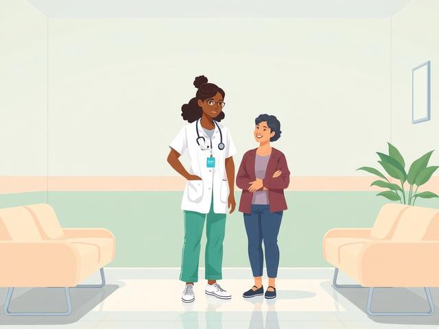 **AI Image Generation Prompt:**

Create a high-quality illustration of a serene and welcoming healthcare environment that embodies the essence of inclusivity and compassion represented by SWING Silom Polyclinic. The central subject of the image should be a diverse healthcare professional—a nurse or doctor—standing confidently in a clean, modern clinic space. They should be engaging with a patient who appears at ease, smiling and receiving care, highlighting the focus on dignity and respect.

The subject sho