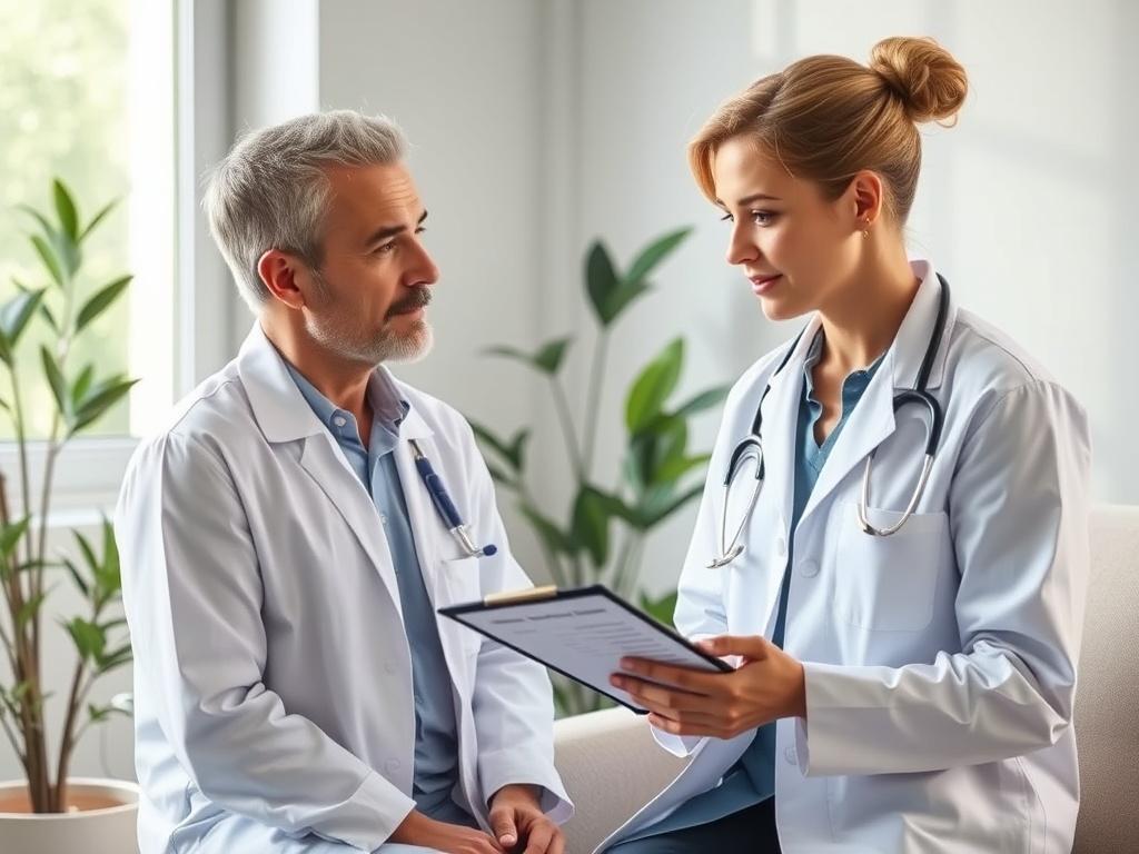 A serene and calming medical setting featuring a healthcare professional in a lab coat, gently explaining a CD4 count test to a patient. The background should include soft, natural light filtering through a window, with plants in the corner to create a peaceful atmosphere. The healthcare professional is holding a clipboard with test results, while the patient looks engaged and comfortable. The overall tone of the image should be warm and inviting, reflecting a sense of trust and professionalism.