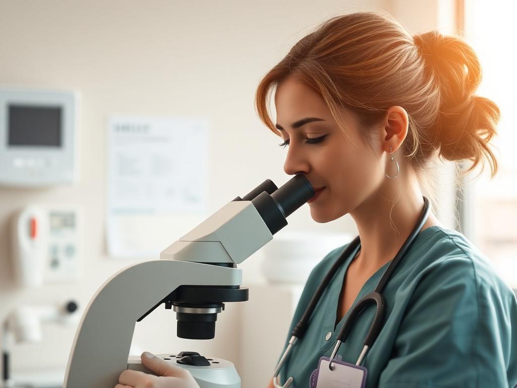 Create a realistic high-resolution photo of a healthcare professional in a calm clinic environment, performing an HIV Viral Load test. The subject should be a compassionate nurse wearing scrubs, focused on a blood sample while using a microscope. The background should feature soft, gentle lighting with soothing colors that reflect a peaceful atmosphere, emphasizing professionalism and care. The overall tone should evoke safety and trust, compatible with the rgb(50, 170, 39) primary color.