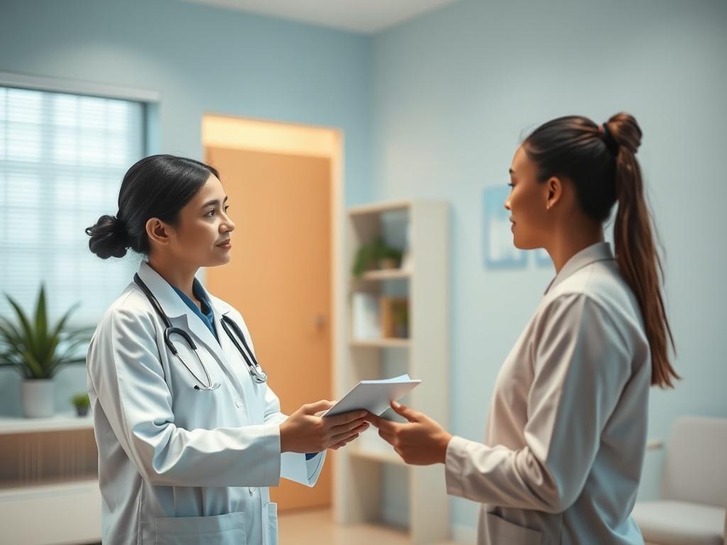 A healthcare professional in a calm and welcoming clinic environment, discussing HIV-Post Exposure Prophylaxis (PEP) with a patient. The scene captures a moment of open communication, showcasing the professional's supportive demeanor. The background features gentle lighting and soothing colors, creating a peaceful atmosphere that emphasizes trust and care. The healthcare professional is holding a prescription pad, while the patient appears engaged and reassured.