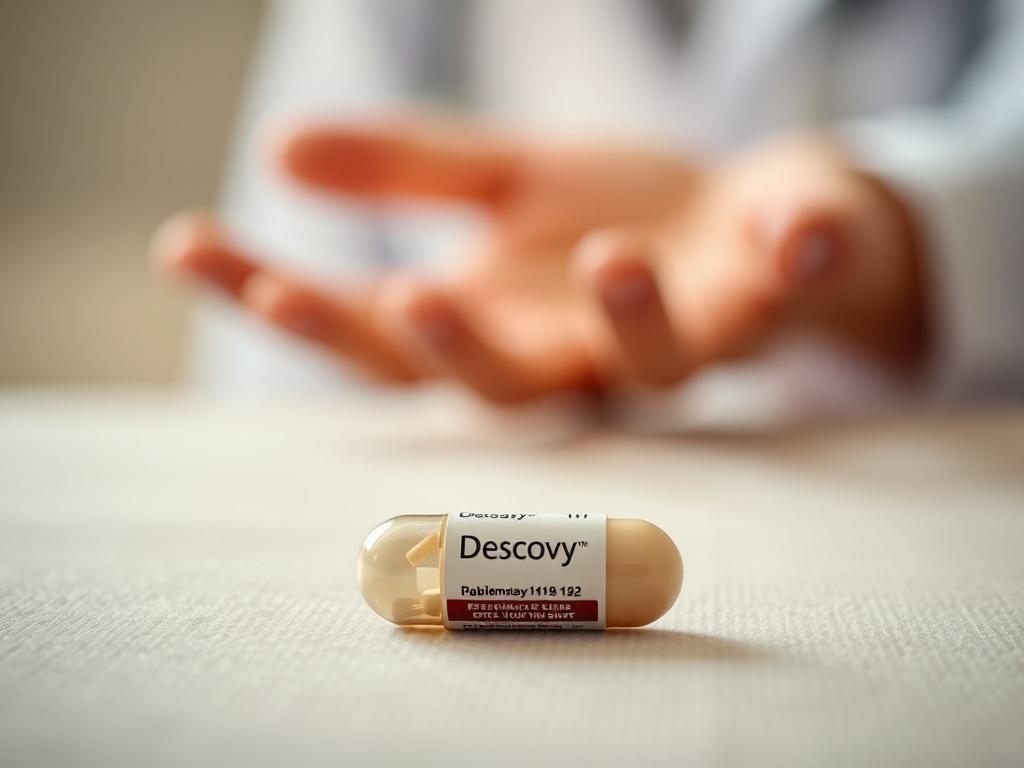 A realistic high-resolution image of a single small pill, labeled 'Descovy', placed on a soft, neutral-colored surface to convey simplicity and accessibility. The lighting should be gentle and warm, creating a peaceful atmosphere. In the background, a blurred image of a healthcare professional’s hand reaching out, symbolizing support and guidance in health care. The overall color scheme should harmonize with soft tones that complement the rgb(179, 11, 142) primary color.