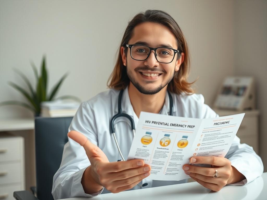 **AI Image Generation Prompt:**

Create a realistic high-resolution close-up image of a knowledgeable healthcare professional, a friendly and approachable individual, explaining the differences between PrEP, PEP, and Emergency PrEP. The subject should exude confidence and compassion, embodying the values of inclusivity and respect. They should be seated at a clean and inviting consultation desk in a well-lit clinic environment that subtly reflects the ethos of sexual health and wellbeing.

In the background