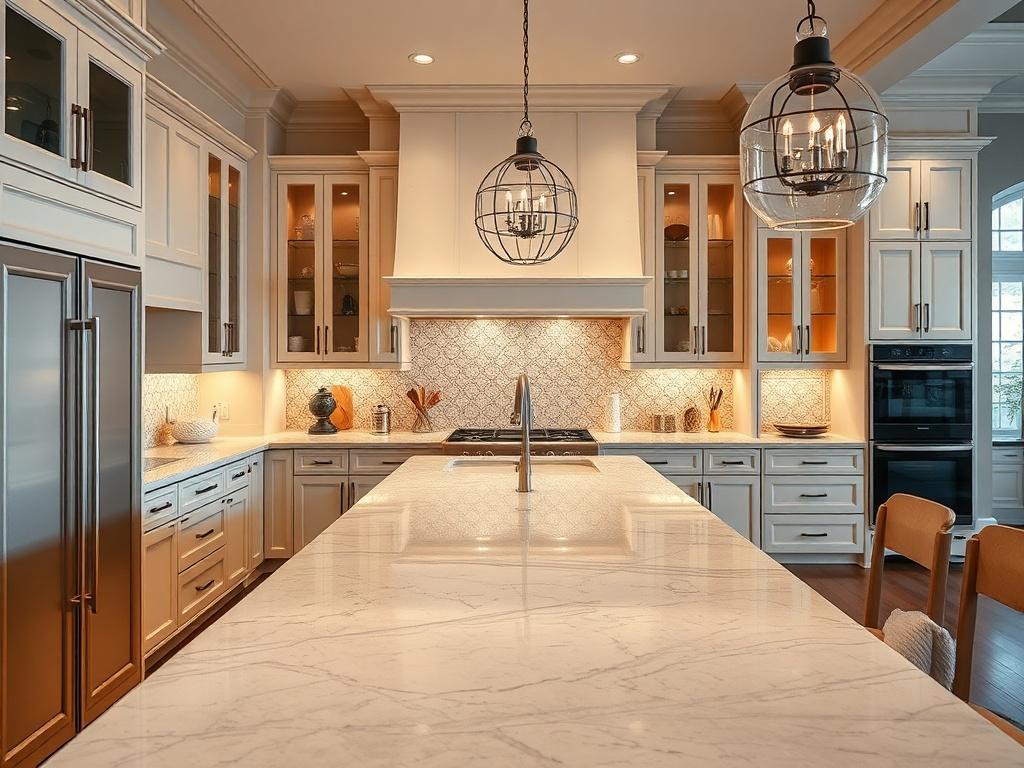A luxurious kitchen with modern cabinetry, a large center island, and elegant lighting. The image should focus on the intricate tile work on the backsplash and the high-end countertops. The background should be softly blurred to emphasize the kitchen's details, showcasing a warm and inviting atmosphere, shot with a 45mm f/1.2 lens.