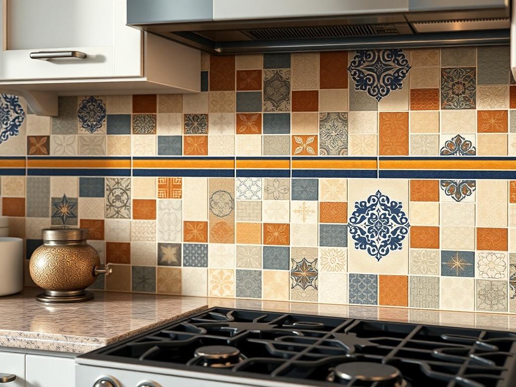 A hyper-realistic close-up shot of a beautifully designed kitchen backsplash featuring custom tiles. The tiles should exhibit a mix of colors and patterns, showcasing a blend of modern and classic styles. The background should be softly blurred to emphasize the intricate details of the tiles, with warm, natural lighting enhancing the richness of the colors. Ensure the image captures the textures and finishes of the tiles, creating a visually stunning representation of a custom tile backsplash.