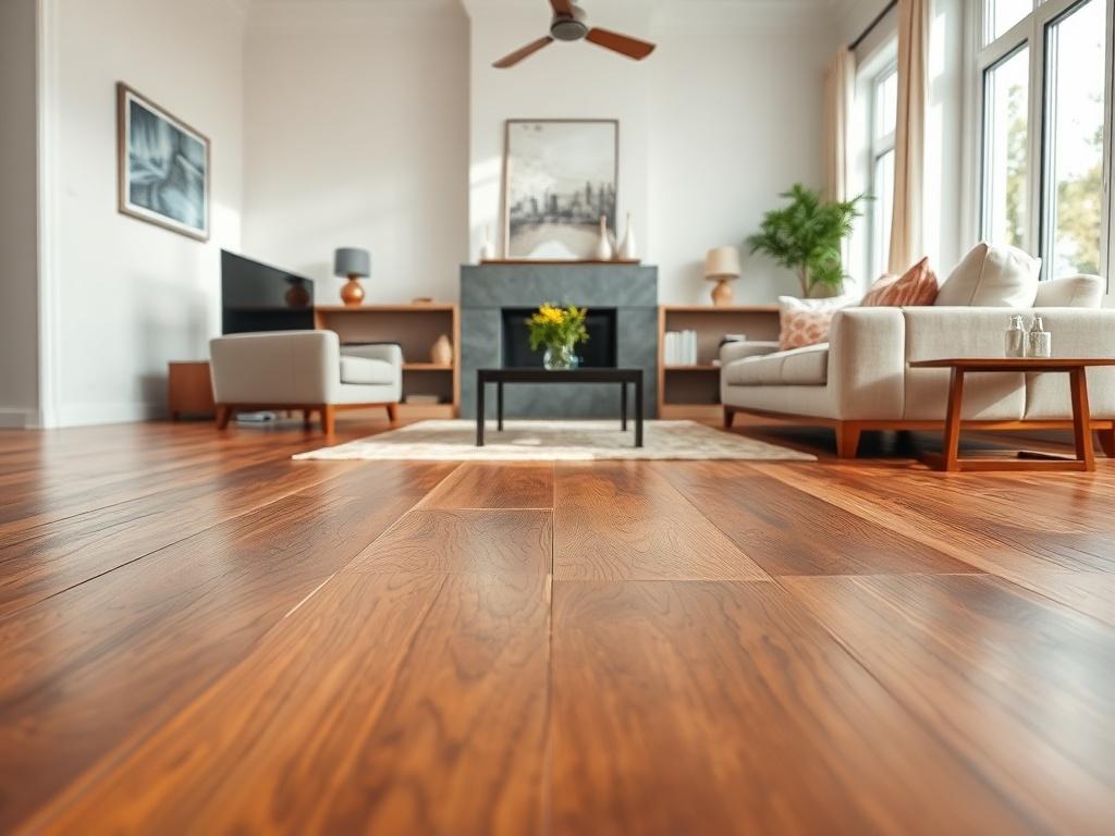 A close-up shot of a beautifully installed hardwood floor in a modern living room, showcasing rich wood grain and a polished finish. The composition should focus on the texture and details of the wood, with soft natural lighting highlighting the floor's sheen. The background should be simple and uncluttered, emphasizing the elegance of the flooring.