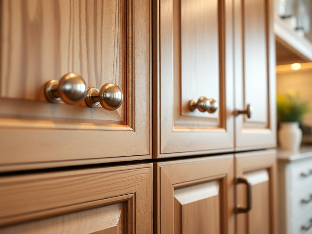 A hyper-realistic close-up shot of a beautifully crafted kitchen cabinet with elegant fixtures, showcasing intricate details like polished handles and rich wood grain. The background should be softly blurred to emphasize the cabinet, with warm lighting that highlights the textures. The color palette should reflect a contemporary kitchen design, incorporating shades of white and natural wood tones that harmonize with the rgb(122, 86, 4) primary color.