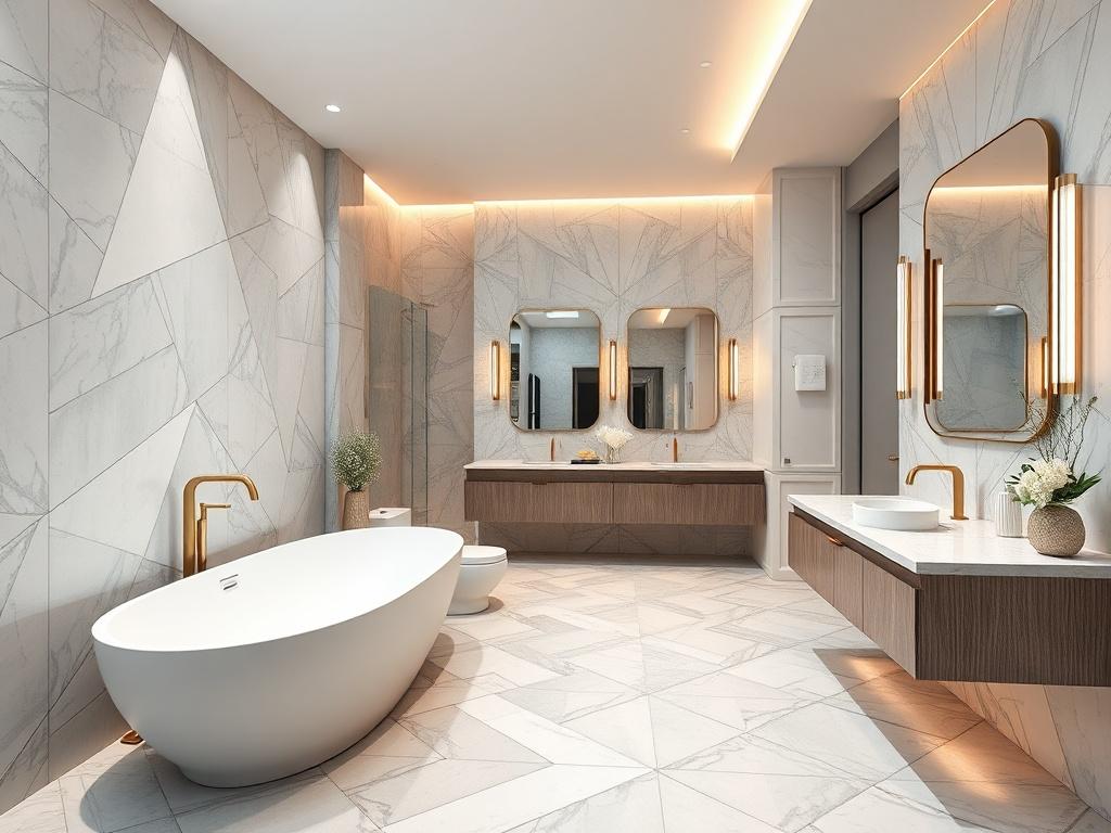 A luxurious bathroom showcasing elegant tile work and modern fixtures. The image should feature a spacious layout with a freestanding soaking tub, a stylish vanity, and ambient lighting. The focus should be on high-quality materials such as marble and glass, creating a serene and inviting atmosphere. The background should be simple and uncluttered, emphasizing the beauty of the bathroom design.