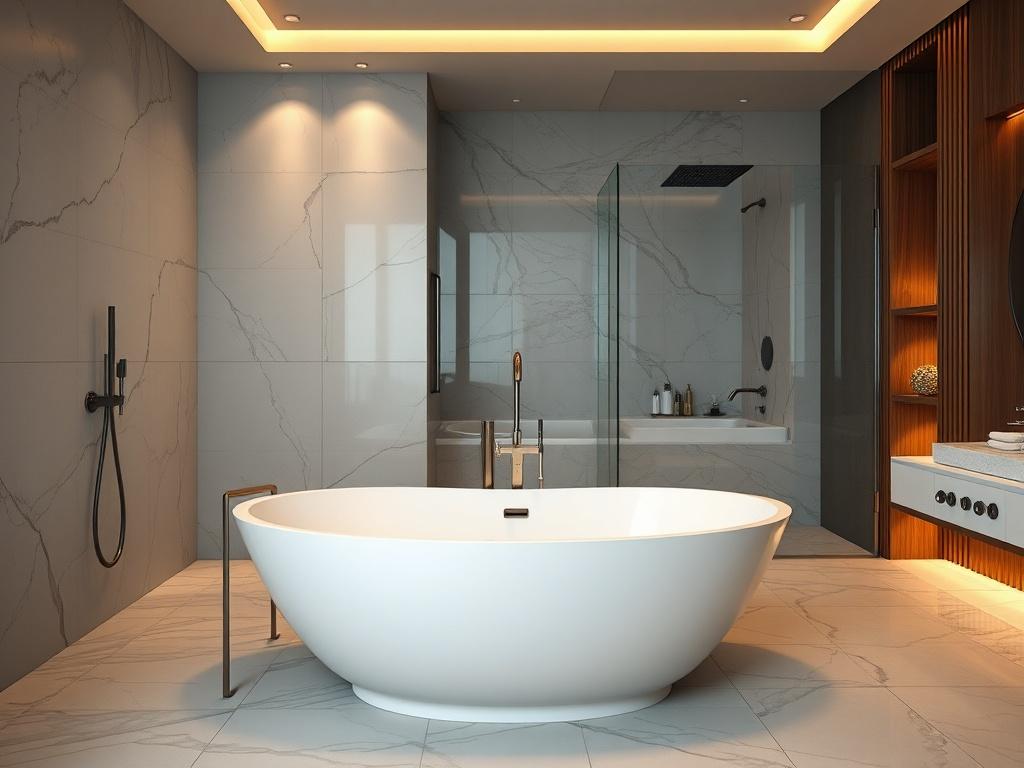 A luxurious bathroom featuring a modern freestanding bathtub, elegant tile work with a mix of marble and ceramic. The setting should include a spacious walk-in shower with glass doors, stylish fixtures, and ambient lighting creating a relaxing atmosphere. The color palette should be neutral with warm wood accents. The composition should focus on the bathtub as the main subject, capturing the serenity and sophistication of the space.