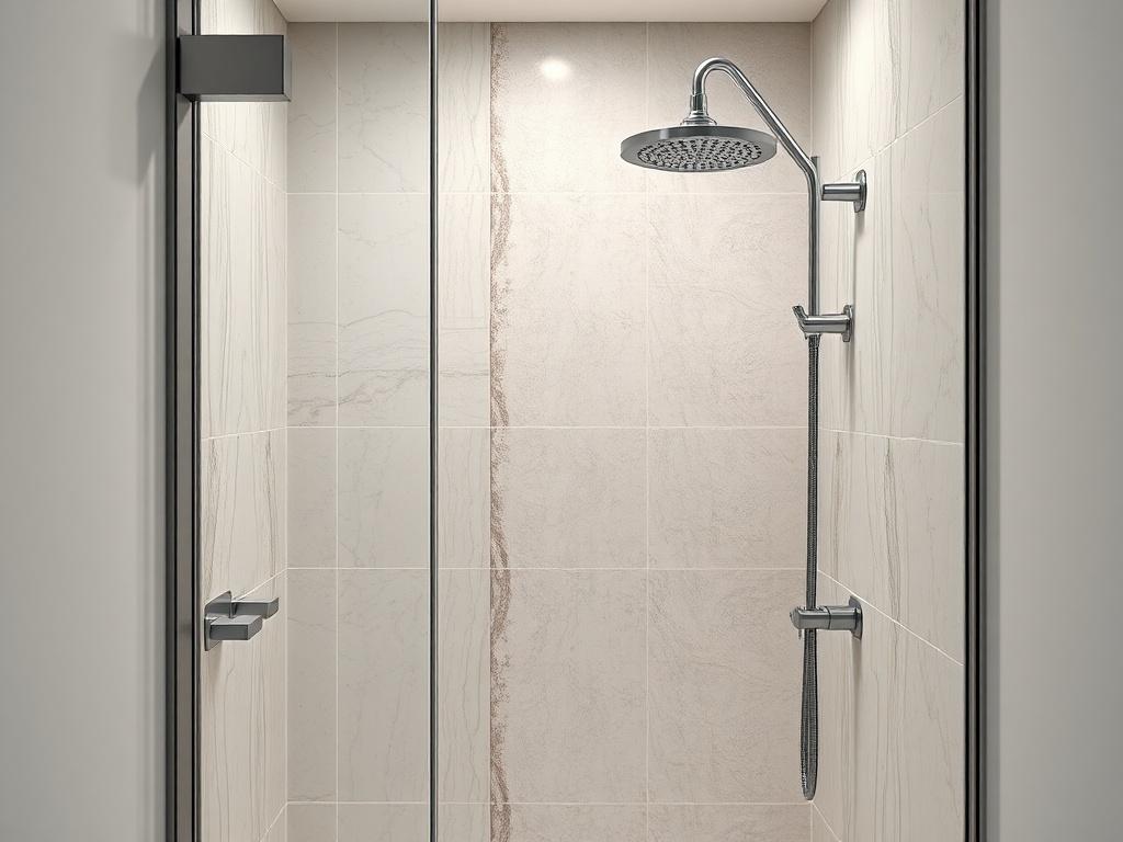 A hyper-realistic close-up of a beautifully designed walk-in shower featuring elegant tile work, modern fixtures, and a spacious layout. The focus should be on the intricate details of the tiles and the sleek showerhead, with soft lighting highlighting the luxurious feel. The background should be a clean, minimalistic bathroom setting, enhancing the overall aesthetic without distractions.