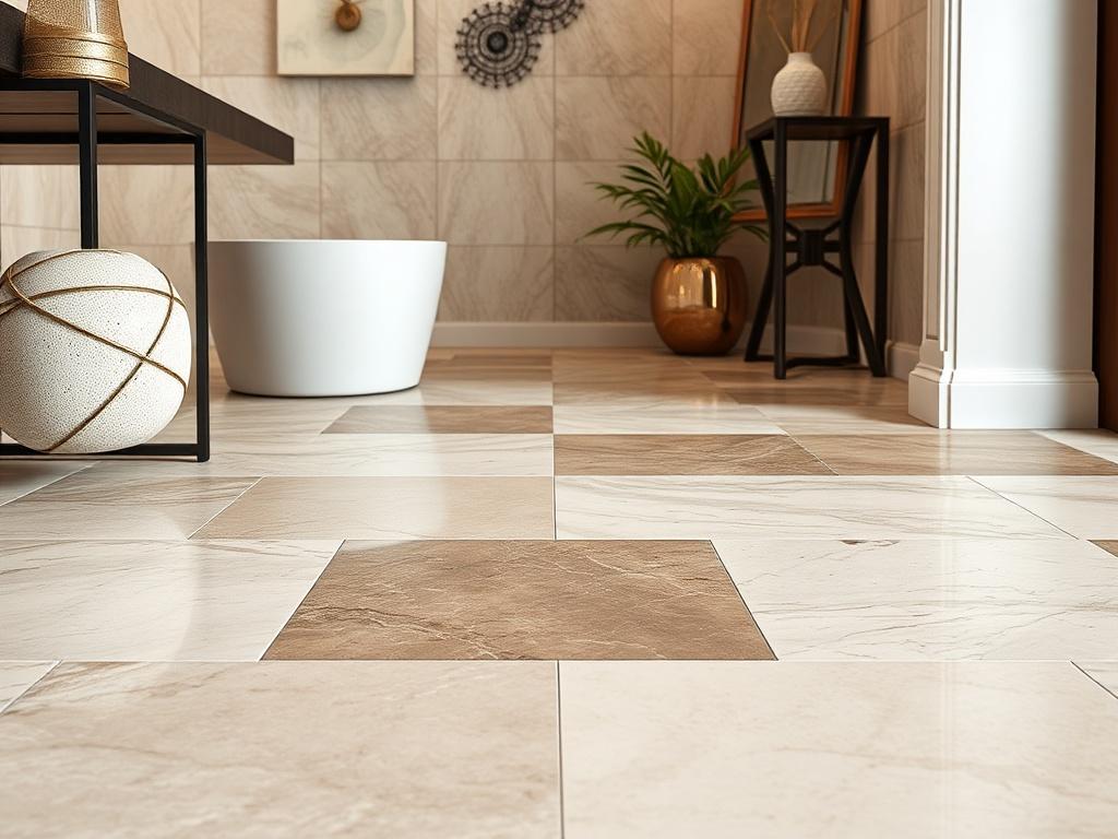 A close-up shot of a beautifully installed tiled floor featuring a mix of porcelain, ceramic, and marble tiles. The image should showcase the intricate details and textures of the tiles, with a focus on precision installation. The background should be simple and unobtrusive to highlight the flooring. The lighting should be warm and inviting, emphasizing the natural beauty of the tiles. The image should be rendered in high-resolution with hyper-realistic details, capturing the essence of luxury home renovati