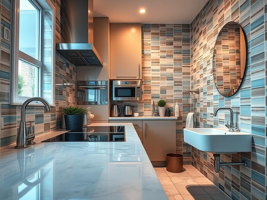 A hyper-realistic close-up shot of a well-maintained kitchen and bathroom, showcasing high-quality tiles and fixtures. The scene features gleaming surfaces, vibrant colors, and a sense of luxury. The kitchen should have modern appliances and stylish cabinetry, while the bathroom should include elegant tiles and fixtures. The composition should focus on these elements, highlighting the craftsmanship and attention to detail in property maintenance.