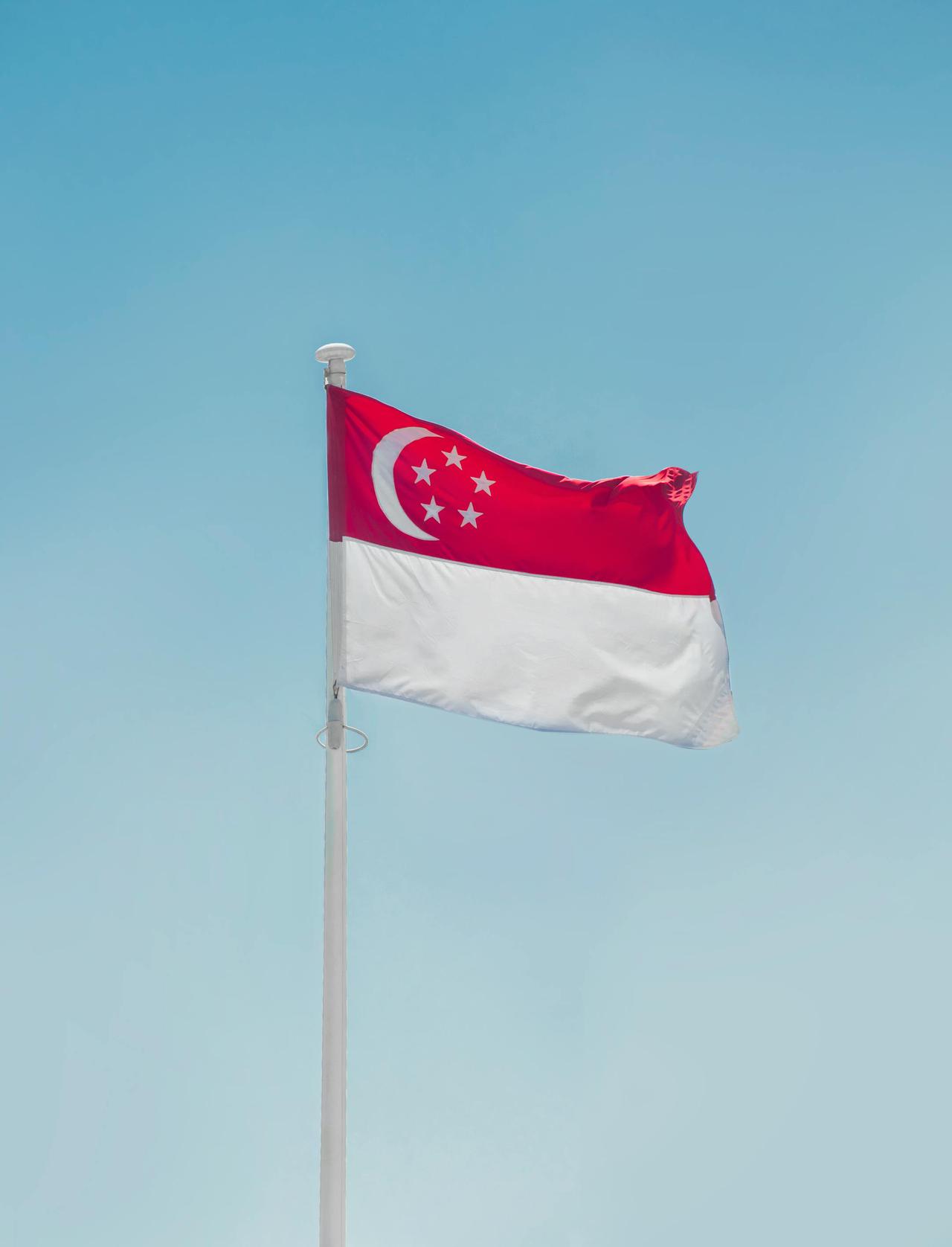 Singapore flag waving high against a clear blue sky, symbolizing pride and identity.