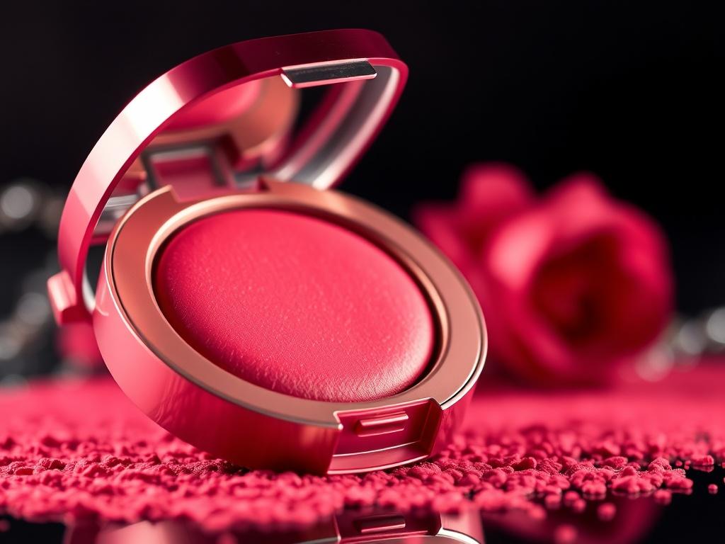 A close-up shot of a compact blush product named 'Berry Kiss' with a rich texture, featuring a vibrant finish. The compact is open, showcasing the deep berry color inside, set against a dark, elegant background that highlights the product's bold hue, shot with a 45mm f/1.2 lens.