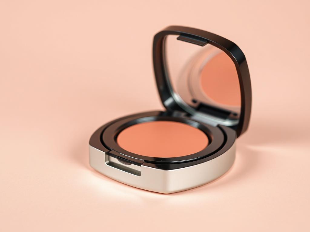 A close-up shot of a compact blush product named 'Peach Glow' with a creamy texture, featuring a satin finish. The compact is slightly tilted to show the blush inside, placed on a soft pastel background that enhances the product's warm peach hue, shot with a 45mm f/1.2 lens.