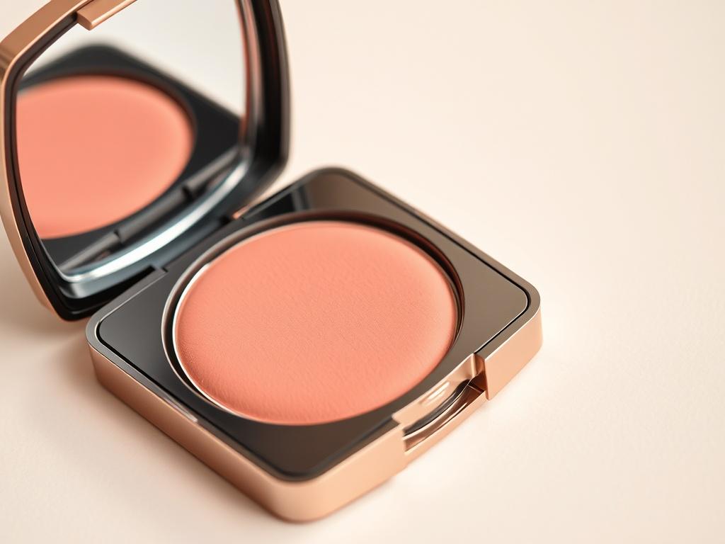 A close-up shot of a compact blush product named 'Rose Nude' with a silky texture, featuring a soft matte finish. The compact is open, showing the blush inside, and placed on a light, neutral background that complements the product's soft pink hue, shot with a 45mm f/1.2 lens.