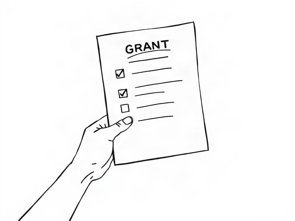 A clear and simple line drawing illustration of a hand holding a grant application form. The form should have checkboxes and text fields visible, symbolizing the process of applying for grants. The background should be minimalistic, emphasizing the hand and the form, with a solid white backdrop. The illustration should be rendered in crisp, solid black line drawing style to match the website's aesthetic.