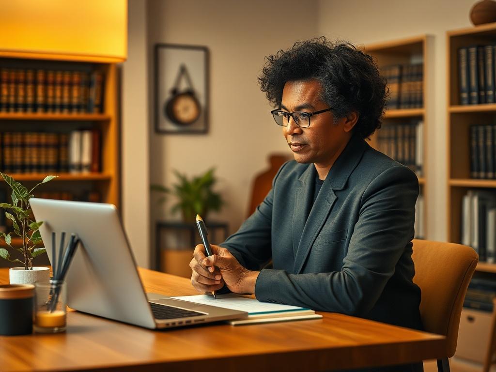 Create a high-resolution, realistic image featuring a diverse middle-aged professional seated at a modern wooden desk. The subject should be looking thoughtfully at a laptop screen, with a notepad and pen in hand, indicating they are engaged in research on recovering lost funds from scams. The individual should have a focused expression, reflecting expertise and determination. 

The background should depict a cozy office atmosphere with soft, golden lighting that creates a warm and inviting vibe. Include el