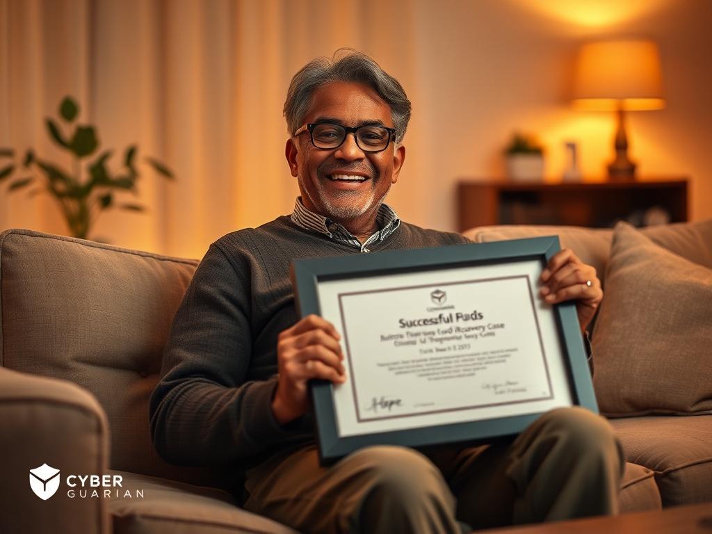 Create a realistic high-resolution photo capturing the essence of success in scam fund recovery, titled "Real-Life Success Stories in Scam Fund Recovery." The composition should feature a single subject: a smiling, relieved individual (a middle-aged person of diverse descent) sitting comfortably in a cozy, warmly-lit living room. The subject should be holding a framed certificate or document that signifies a successful fund recovery case, symbolizing achievement and hope.

The background should include soft