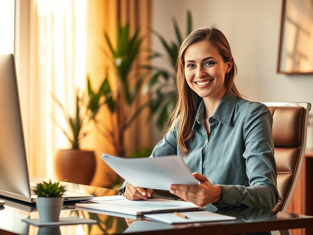A serene and inviting office setting with warm, golden hues
