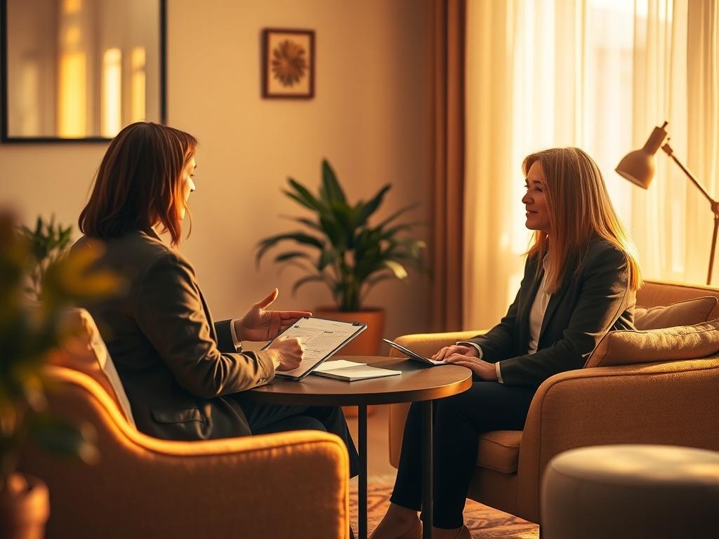 A comfortable meeting space bathed in warm golden light, showcasing