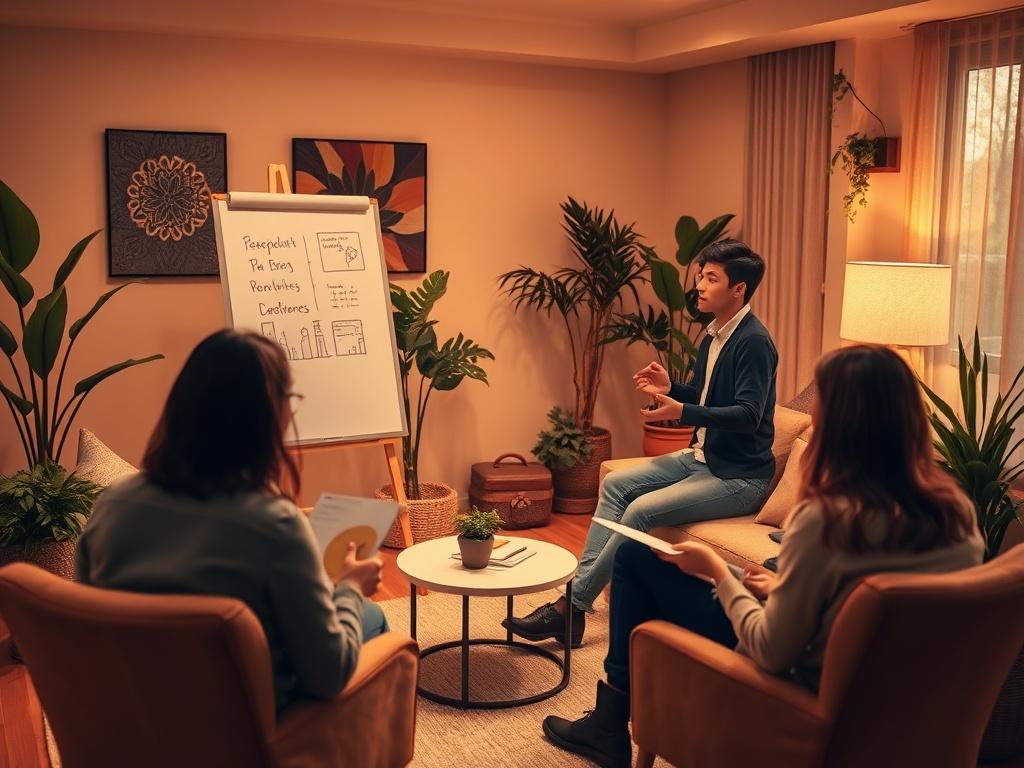A warm consultation room where an expert is giving a