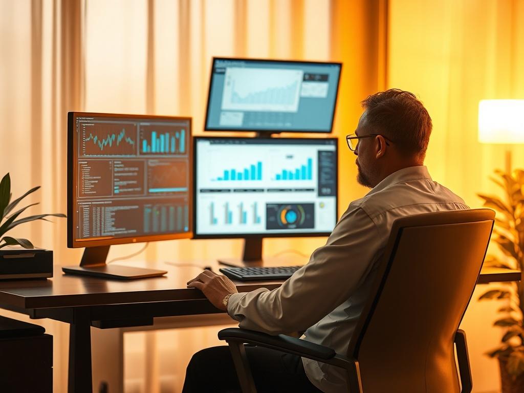 An investigator seated at a modern workspace, analyzing data on