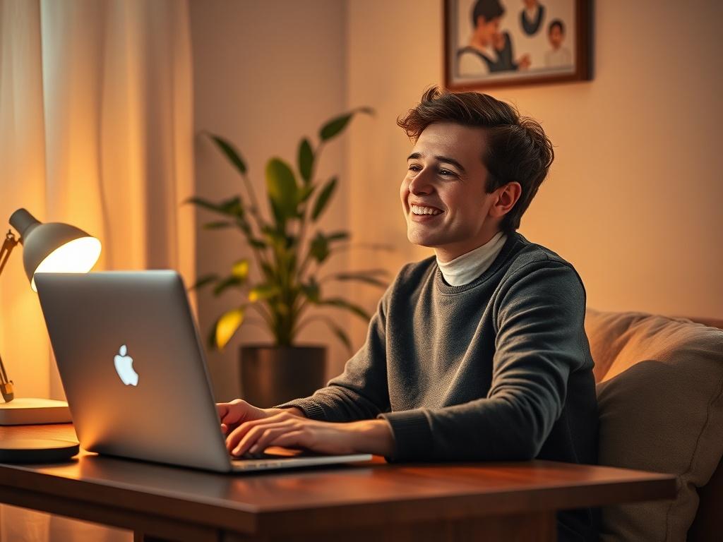 A person sitting at a cozy desk, looking relieved while
