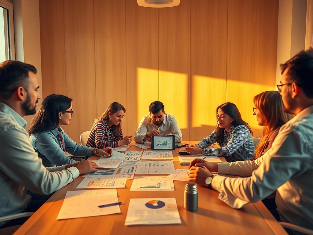 A collaborative meeting scene with a diverse team of professionals