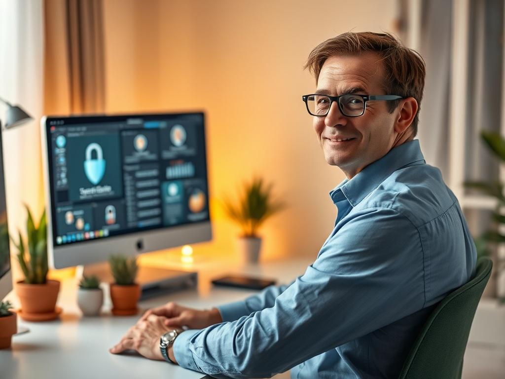 **Prompt for AI Image Generation:**

Create a realistic, high-resolution photo that embodies the theme "Protecting Your Digital Assets." The composition should be simple and clear, focusing on a single subject: an engaging and confident cybersecurity specialist seated at a modern desk. The specialist is a middle-aged person with short brown hair, wearing a professional yet approachable outfit, such as a smart casual shirt and glasses.

In the background, include a softly lit home office environment that ref