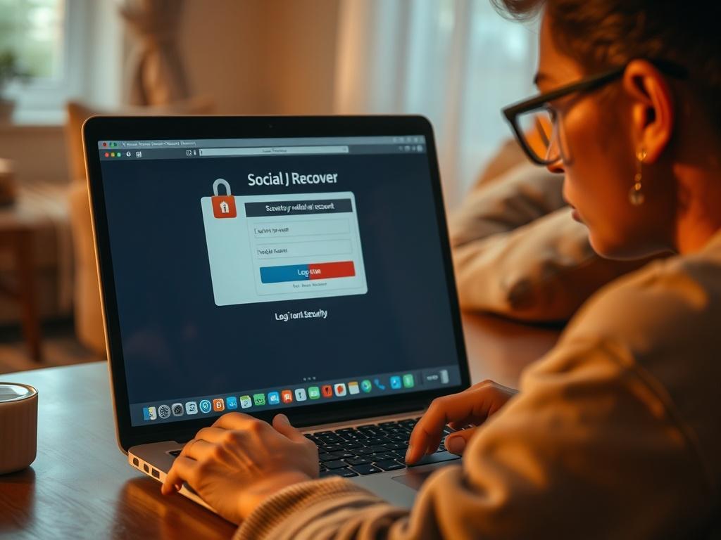 A close-up shot of a concerned individual using a laptop to recover their social media account. The screen displays a login interface with security prompts, while soft golden light illuminates their focused expression. Background elements include a cozy living room, conveying a sense of comfort.