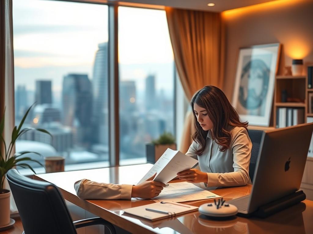 A serene office space with a warm and inviting atmosphere. A professional consultant sits at a desk, intently reviewing documents related to scam recovery. Soft golden lighting enhances the cozy environment. The background features a calming view of a city skyline, emphasizing trust and security.