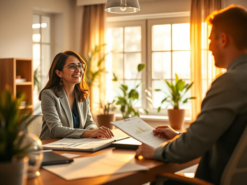 A friendly consultant engages with a client in a bright, welcoming office setting. They are discussing fraud prevention strategies, with charts and resources on the table. Warm golden lighting creates an inviting atmosphere, while greenery in the background adds a touch of serenity.