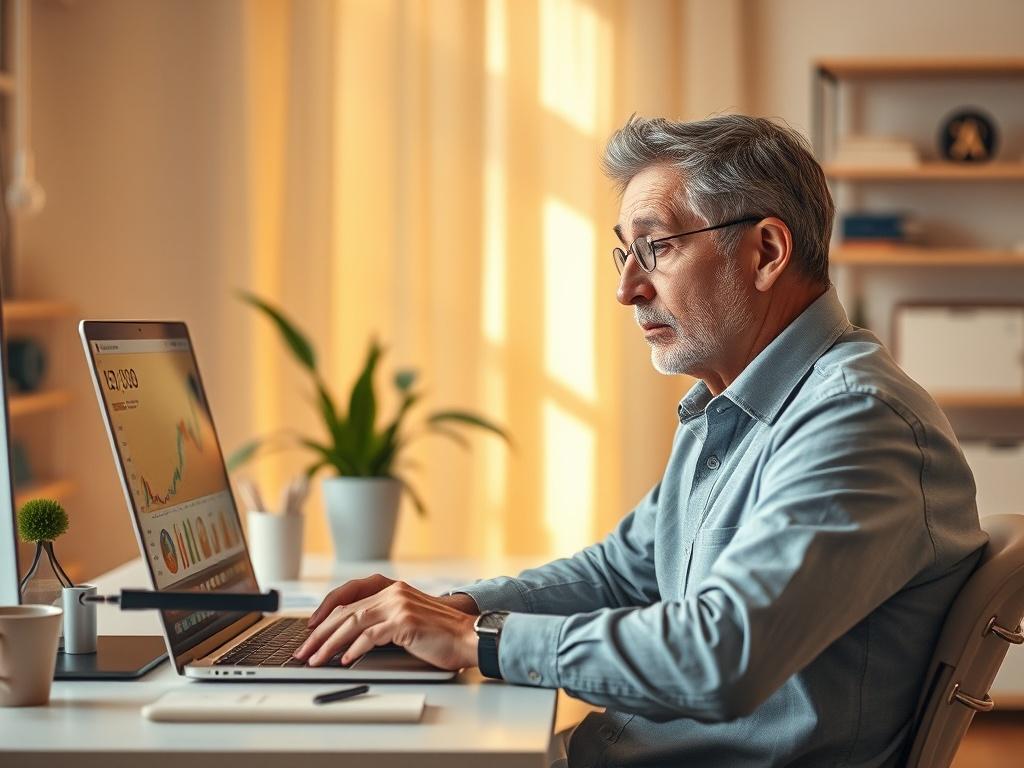 **AI Image Generation Prompt:**

Create a realistic high-resolution photo that embodies the essence of a blog titled "How to Spot Cryptocurrency Scams Early." The composition should be simple and clear, focusing on a single subject. 

**Subject Matter:** Feature a middle-aged individual (gender-neutral) seated at a modern desk, gazing intently at a laptop screen. Their expression should convey a sense of concern and contemplation as they observe financial charts and cryptocurrency data on the screen. The in