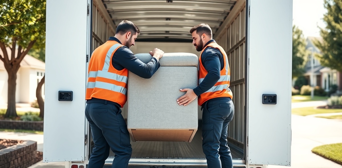 Professioneel verhuizersteam laden meubels in vrachtwagen