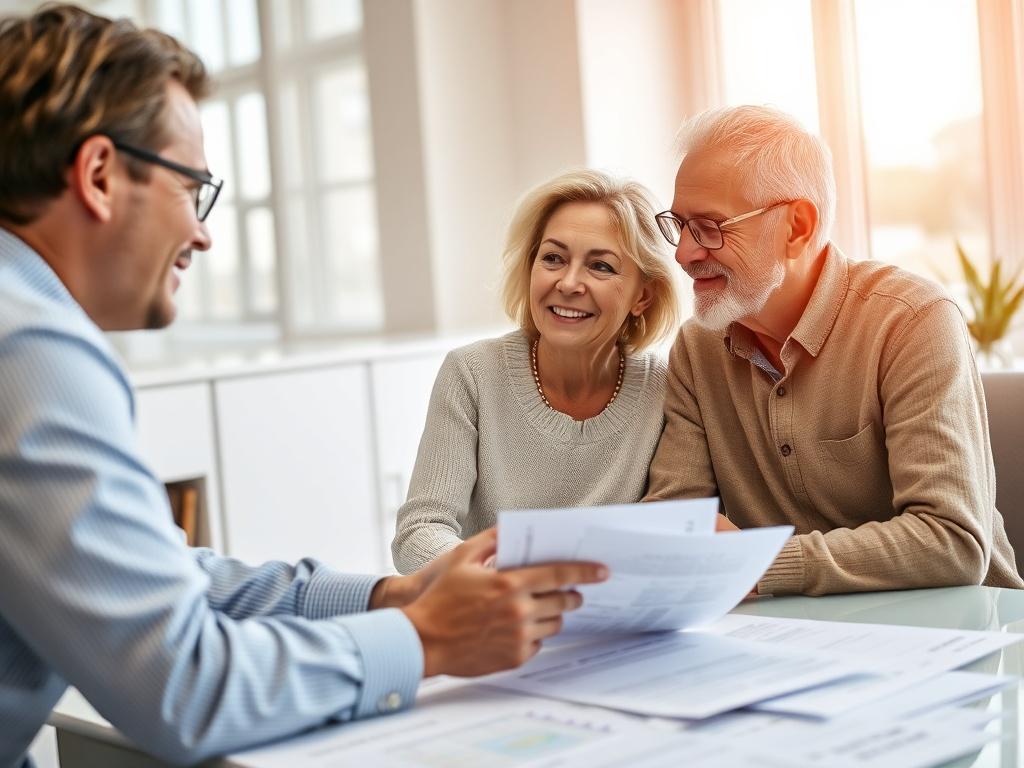 A close-up shot of a financial advisor and a couple discussing retirement planning over a table filled with documents. The couple looks optimistic as they engage in the discussion. The setting is a bright, inviting office space that conveys warmth and trust.