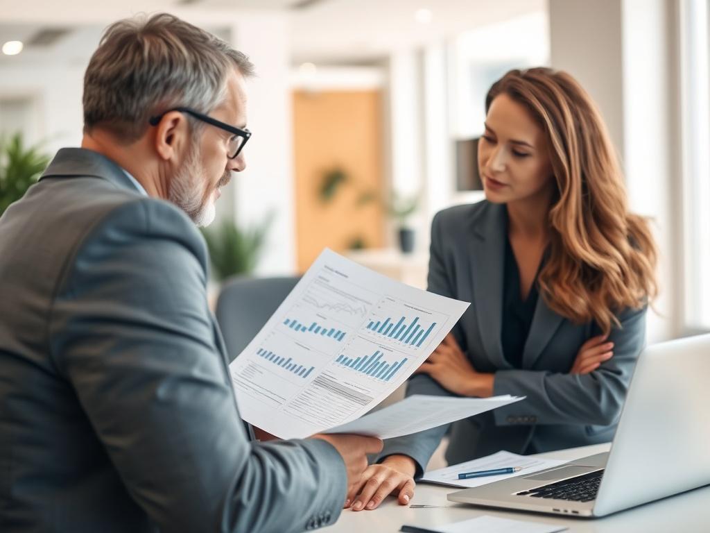 A close-up shot of a financial advisor discussing personalized financial plans with a client in a modern office setting. The advisor is showing a document with graphs and charts, while the client looks engaged and thoughtful. The background is a clean, well-lit office with a professional atmosphere, emphasizing collaboration and trust.