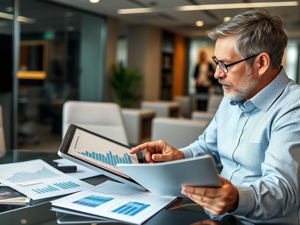 A close-up shot of a financial advisor reviewing investment strategies with a client, surrounded by charts and financial reports. The advisor is pointing to a graph on a tablet, while the client appears focused and interested. The background features a sleek, modern office environment, highlighting professionalism and expertise.