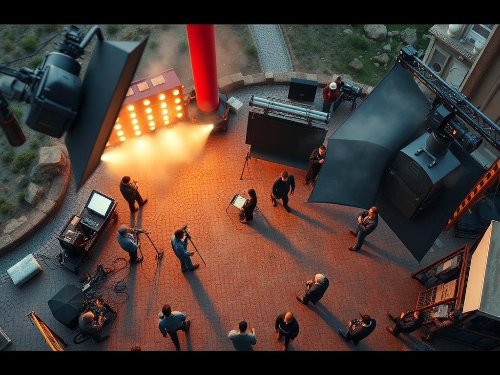 A dynamic aerial shot of a film set, capturing the