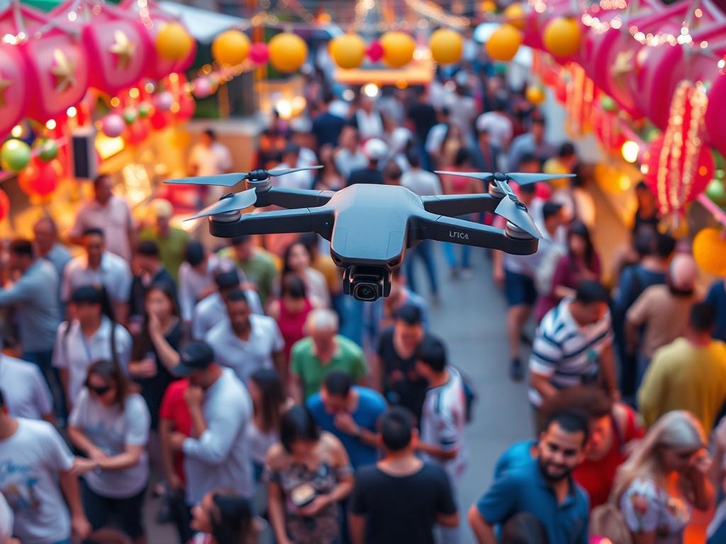 A drone shot of a vibrant outdoor event, capturing guests