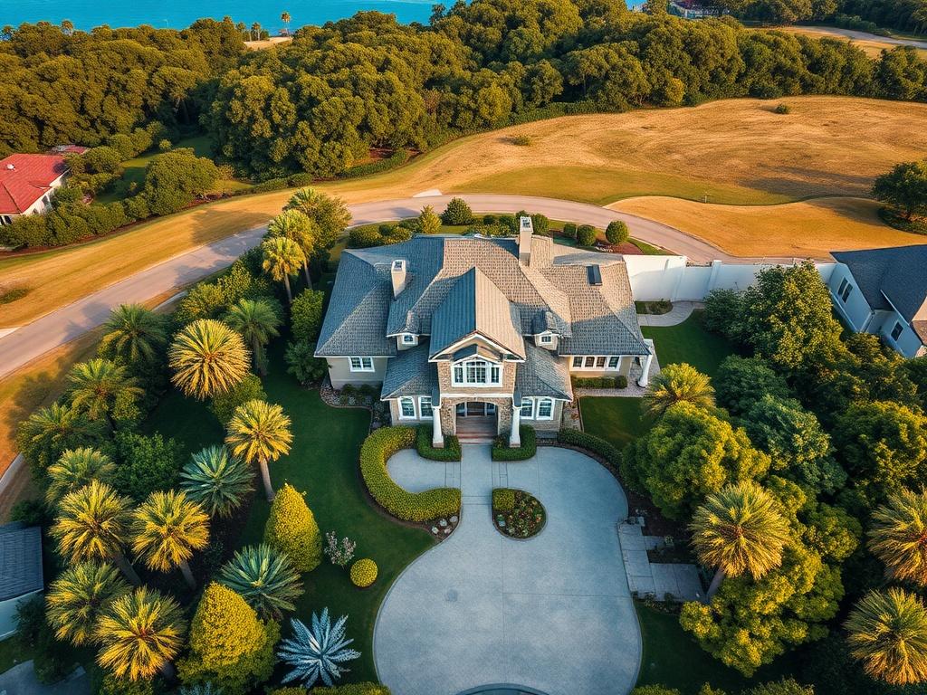 Aerial view of a beautiful residential property taken by a