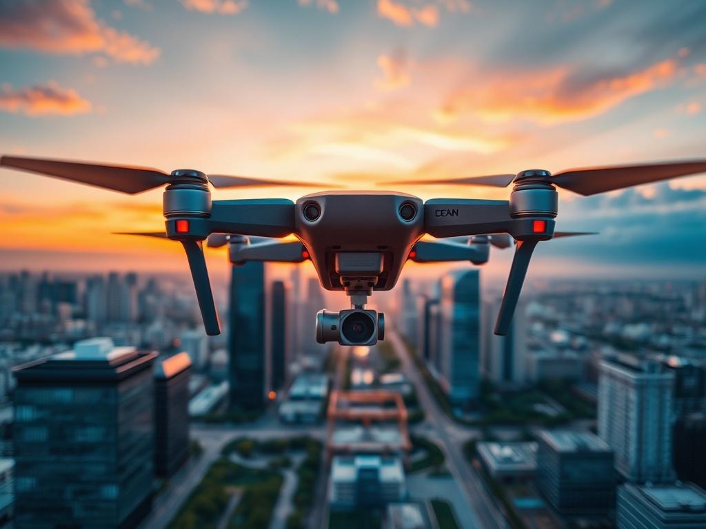 Aerial view of a drone capturing a stunning sunset over