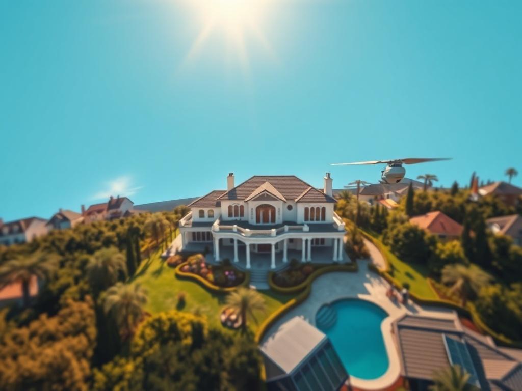 A stunning aerial view of a luxurious residential property, captured