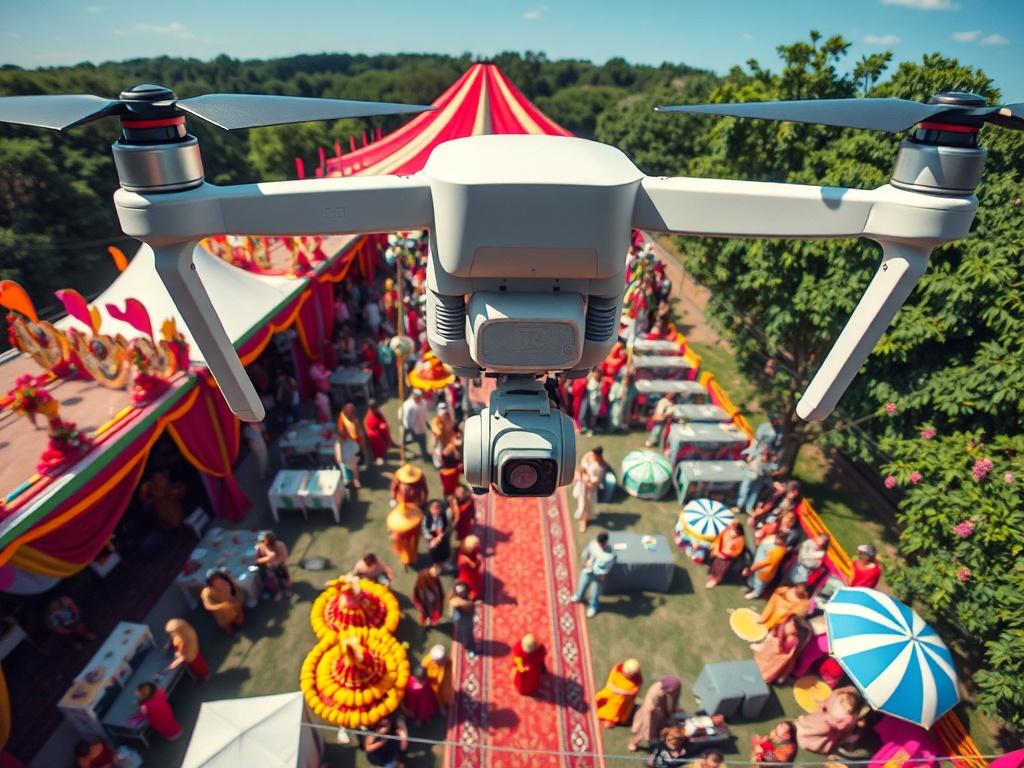 An exhilarating aerial shot of a vibrant outdoor event, such