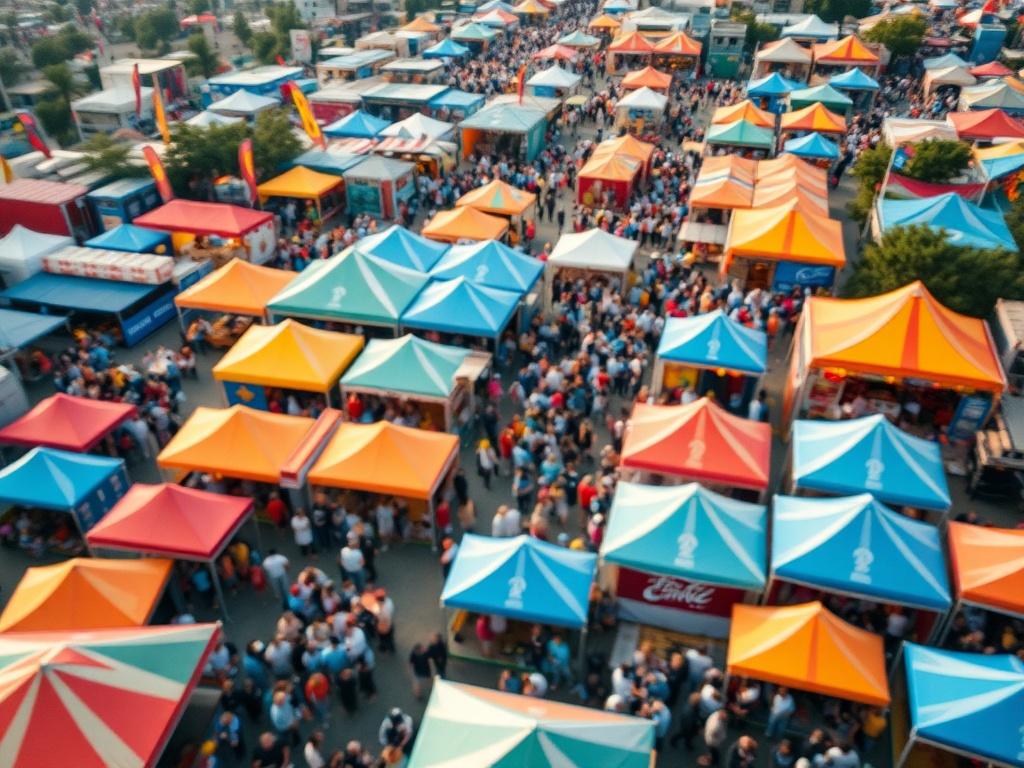 Aerial view of a bustling outdoor festival with colorful tents