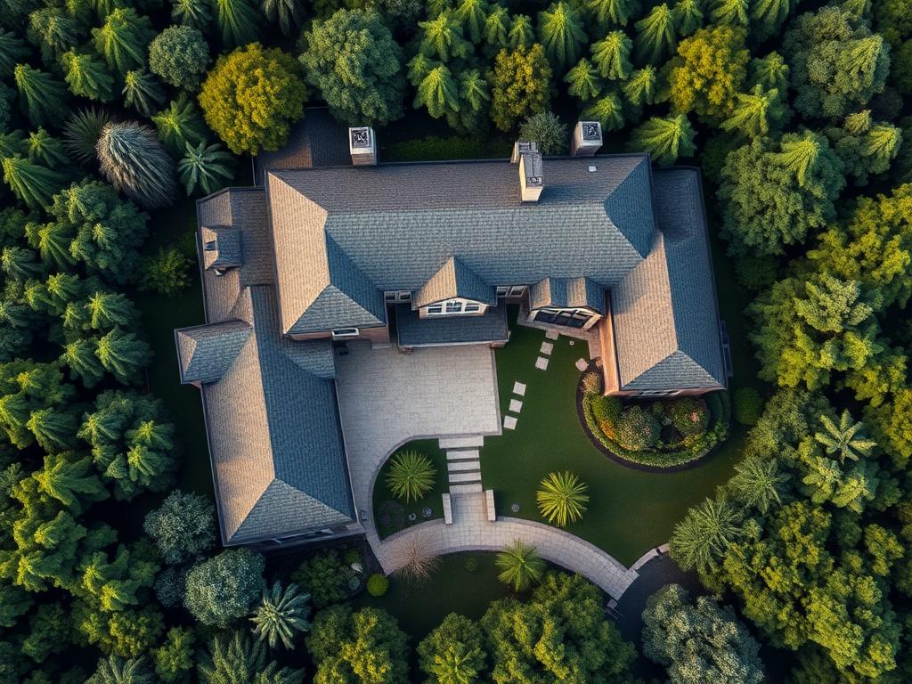 Aerial view of a luxury home surrounded by lush greenery,