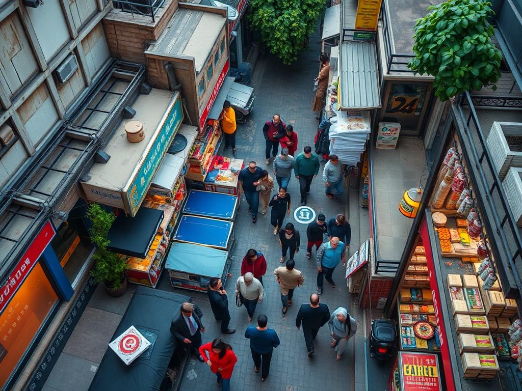 Aerial view of a bustling local business surrounded by shoppers