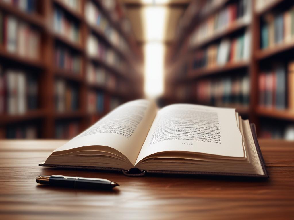A detailed, realistic close-up photograph of an open theological research journal with highlighted text and notes, lying on a wooden table with a blurred background of bookshelves. The image is shot with a 45mm f/1.2 lens style focusing on the journal, showcasing sharp text and paper texture, with a color scheme that complements rgb(50, 170, 39).