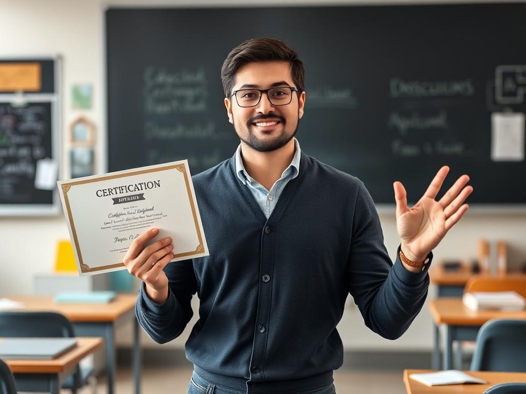A focused and realistic close-up shot of a confident educator standing in a classroom, holding a certification diploma in one hand and gesturing with the other as if explaining a concept. The background shows a well-organized classroom with a blackboard and educational materials. The image should be shot with a 45mm f/1.2 lens style, emphasizing the educator's expression and engagement with the audience. The primary color theme should reflect rgb(40, 93, 225).
