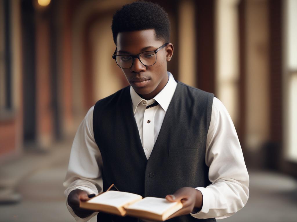 A hyper-realistic close-up photo of a focused young African theological student holding an open Bible, shot with a 45mm f/1.2 lens. The background is softly blurred with subtle hints of a seminary classroom setting. The lighting highlights the student's face with natural tones, complemented by a green color scheme inspired by rgb(50, 170, 39) reflecting hope and growth.