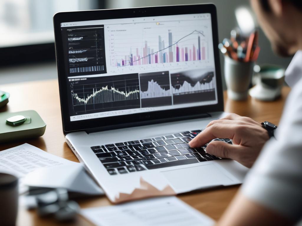 A confident investor reviewing investment portfolios on a laptop at